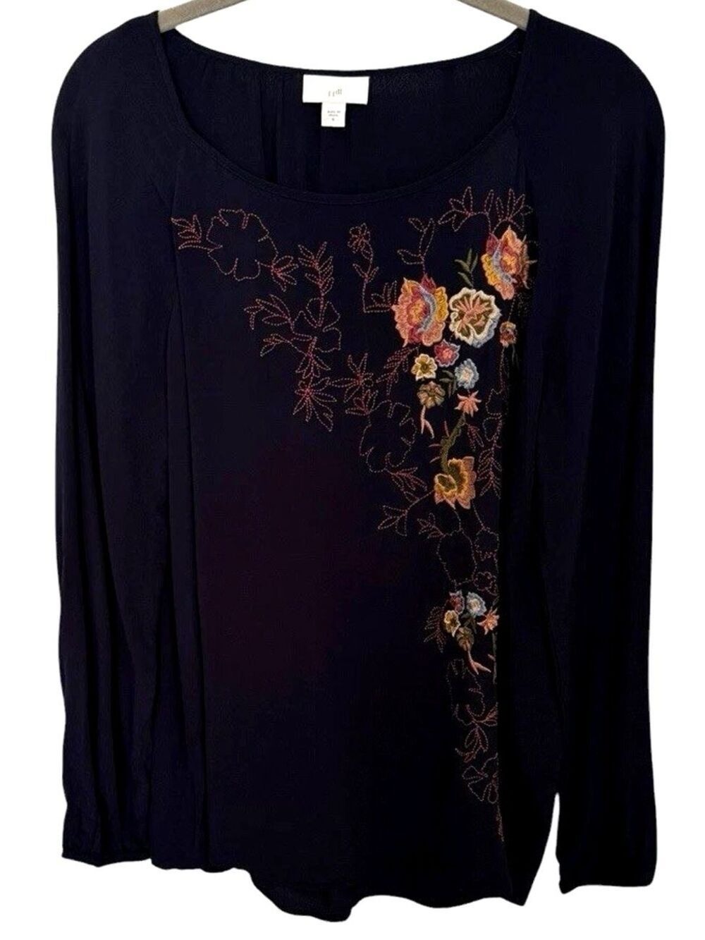 J.Jill Sz S Navy Blue Floral Embroidered Boho Blouse Long Sleeve Top Viscose